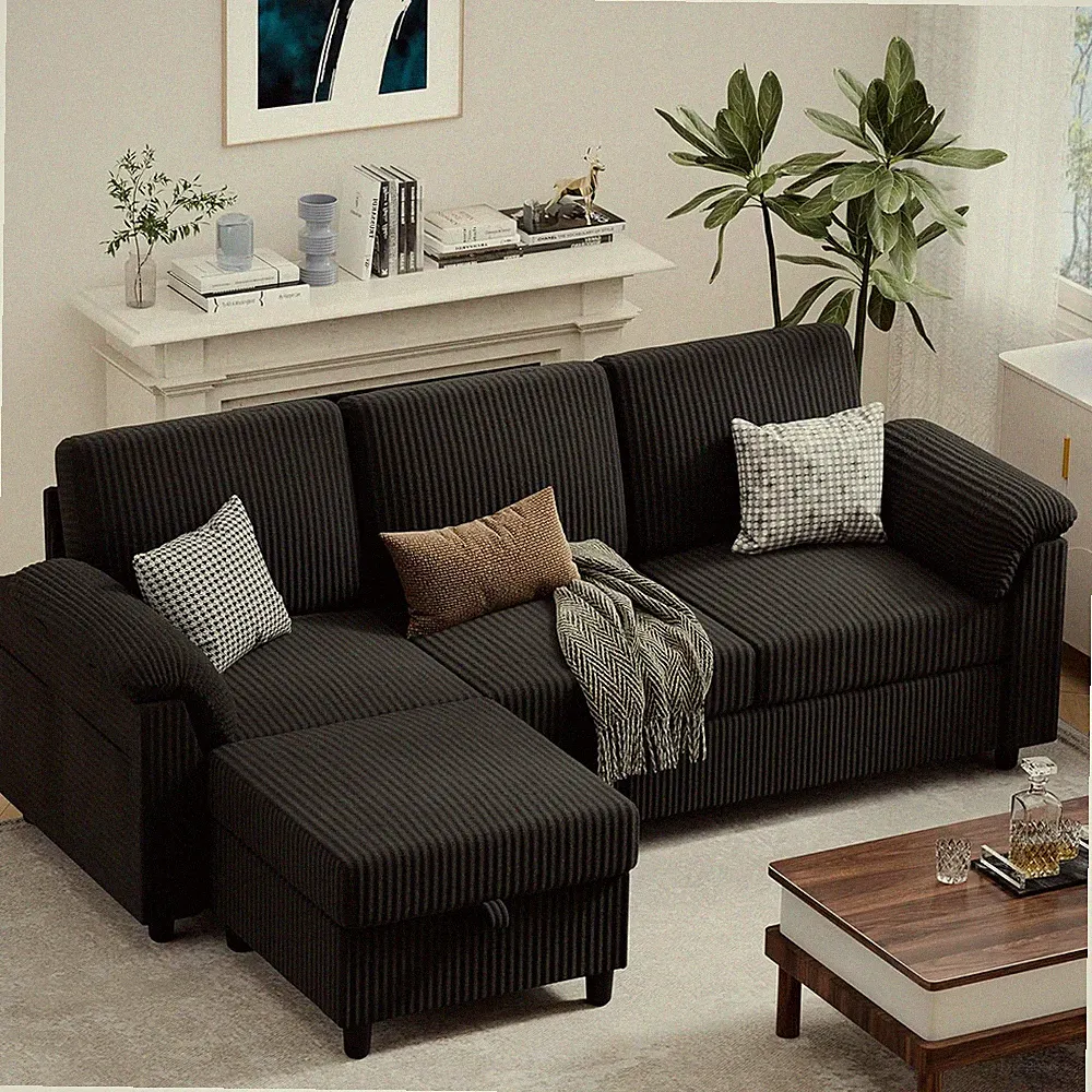 79" Convertible Sectional Couch Sofa with Storage Ottoman, 3 Seat L Shaped Couch