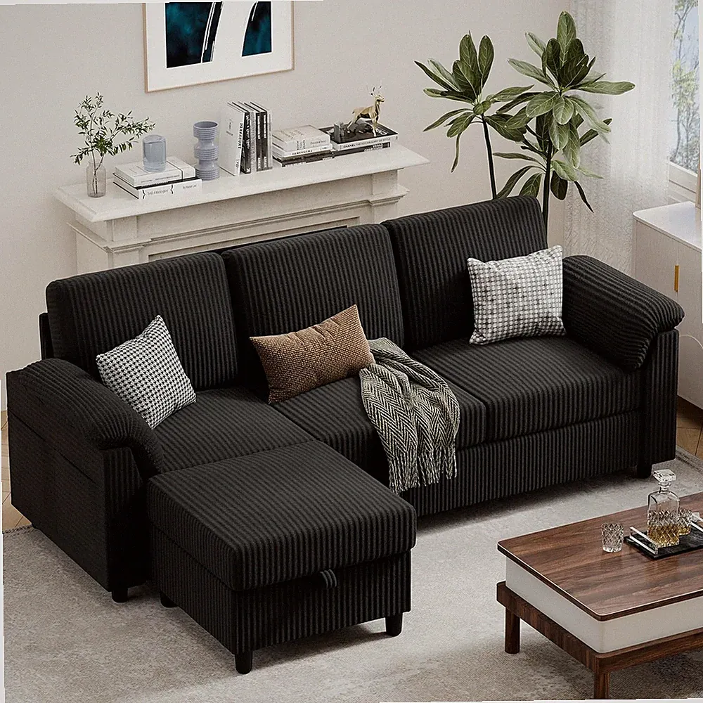 79" Convertible Sectional Couch Sofa with Storage Ottoman, 3 Seat L Shaped Couch