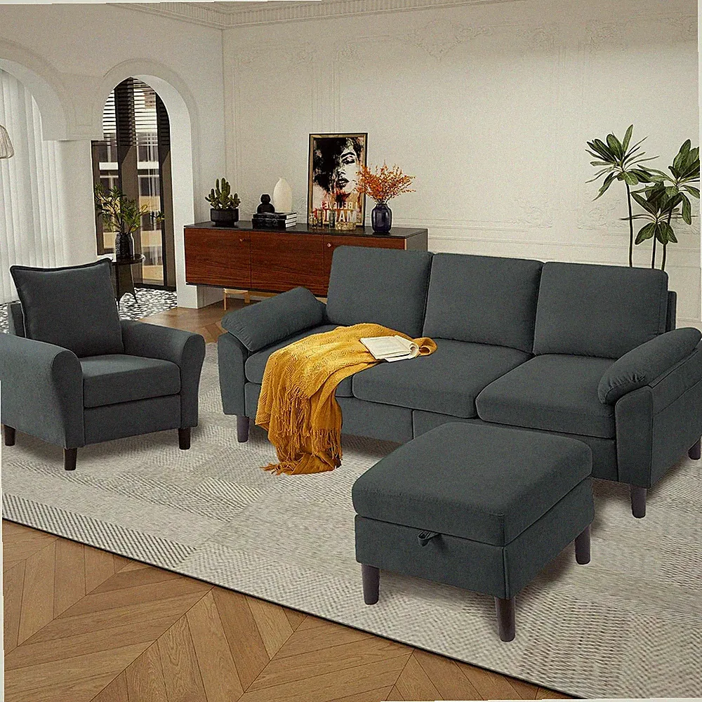79" Convertible Sectional Sofa Set, Modern Linen Small L Shaped Couch, Dark Grey