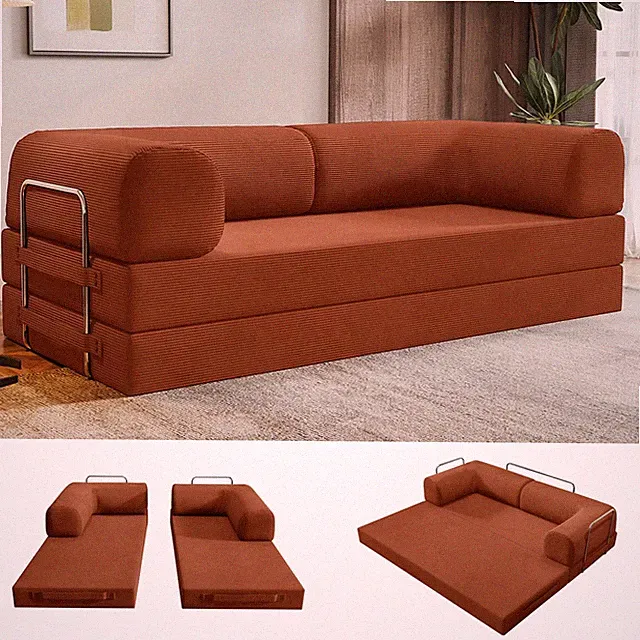79" Convertible Sleeper Sofa Futon Couch Pull Out Bed Corduroy Floor Orange