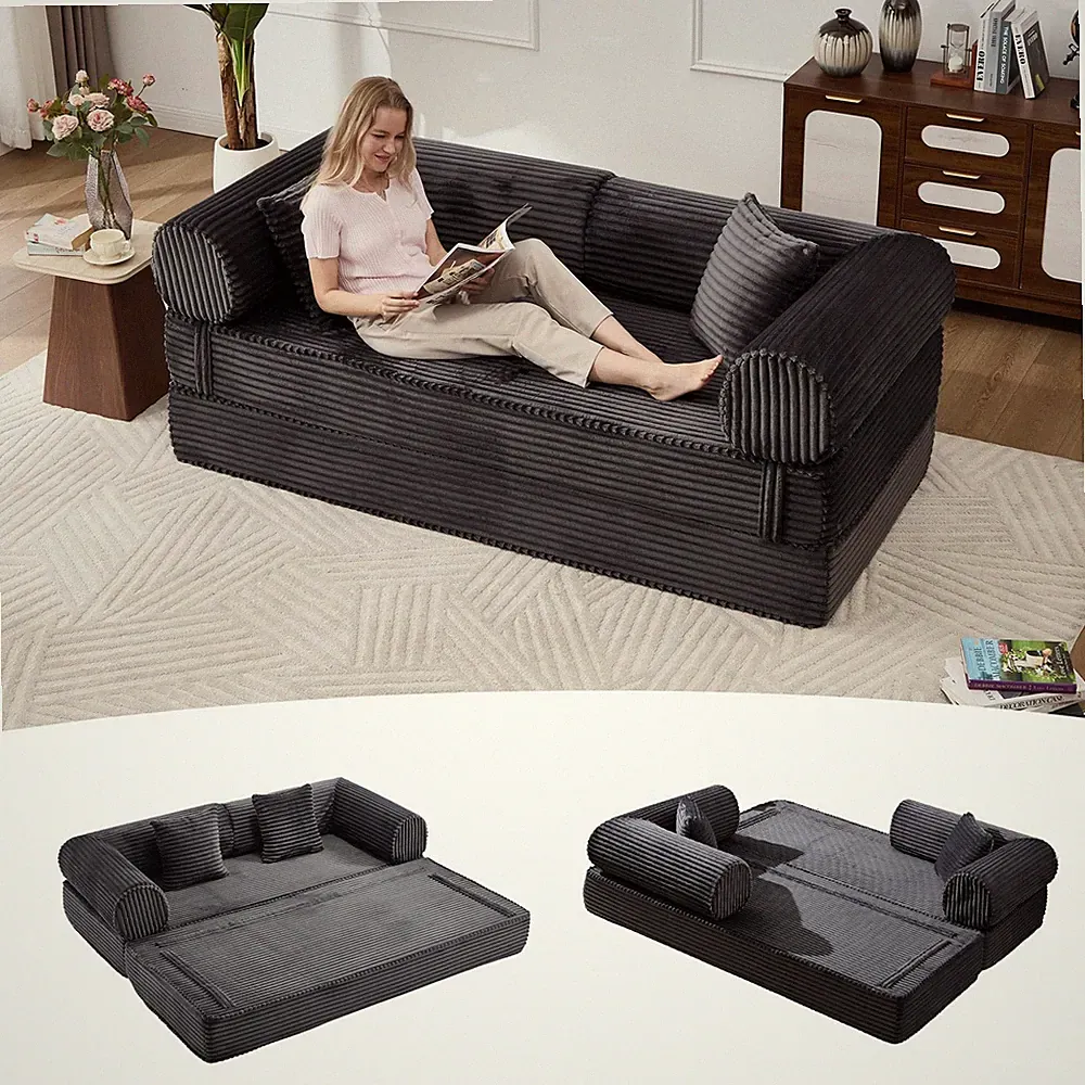 79'' Convertible Sofa Bed Corduroy Folding Futon Sleeper Couch Black