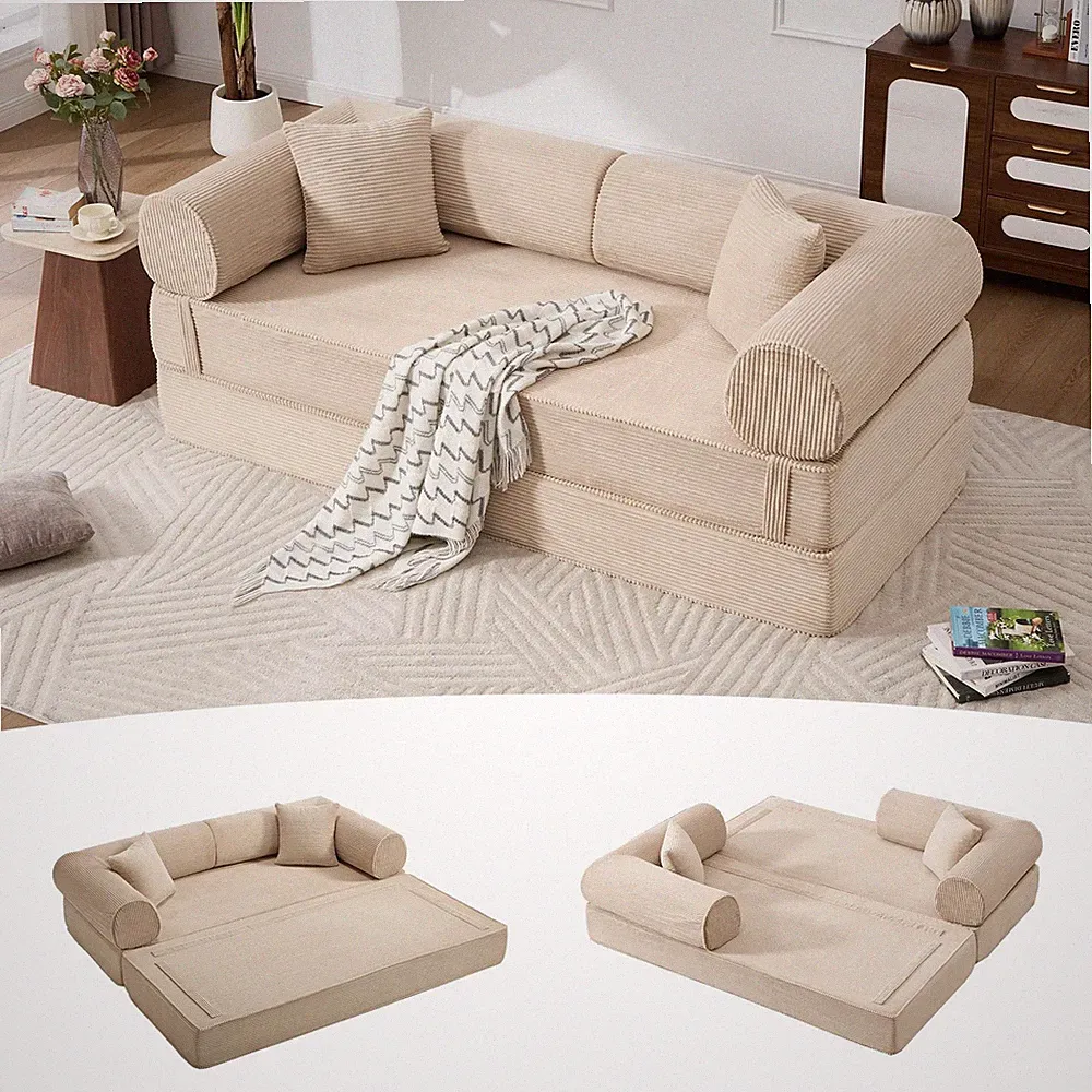 79'' Convertible Sofa Bed Corduroy Folding Futon Sleeper Floor Couch Khaki