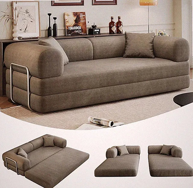 79" Convertible Sofa Bed, Corduroy Folding Pull Out Couch with Pillows, No Assem