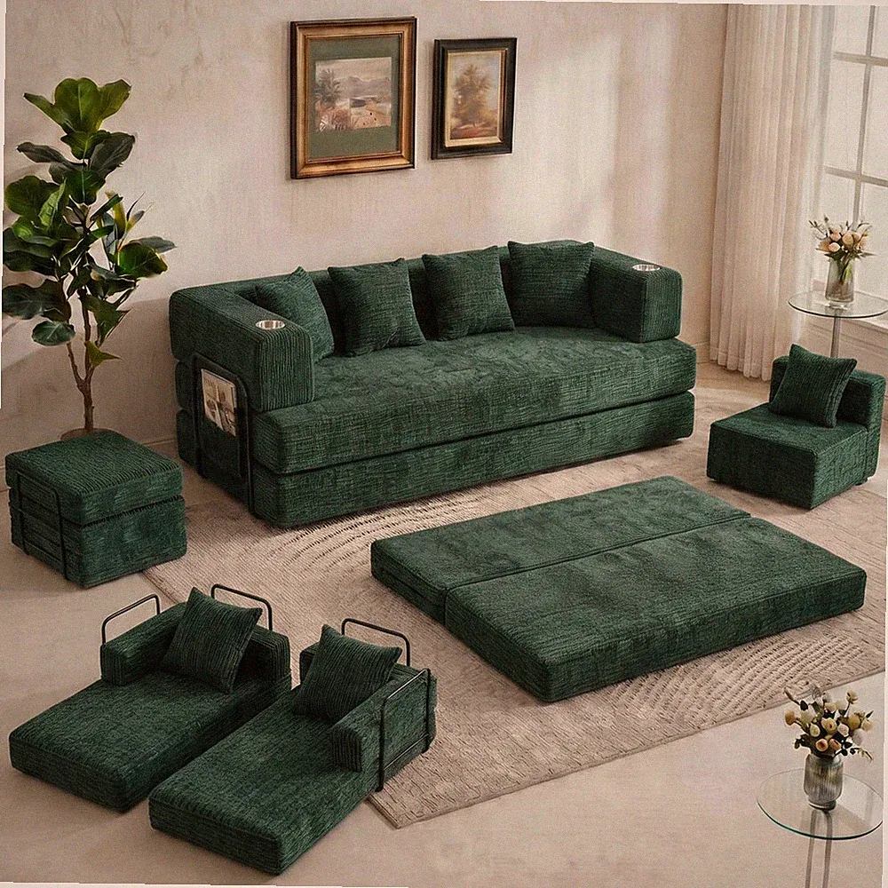 79" Corduroy Floor Sofa 4 Pillows 2 Cup Holders Deep Seat Living Room