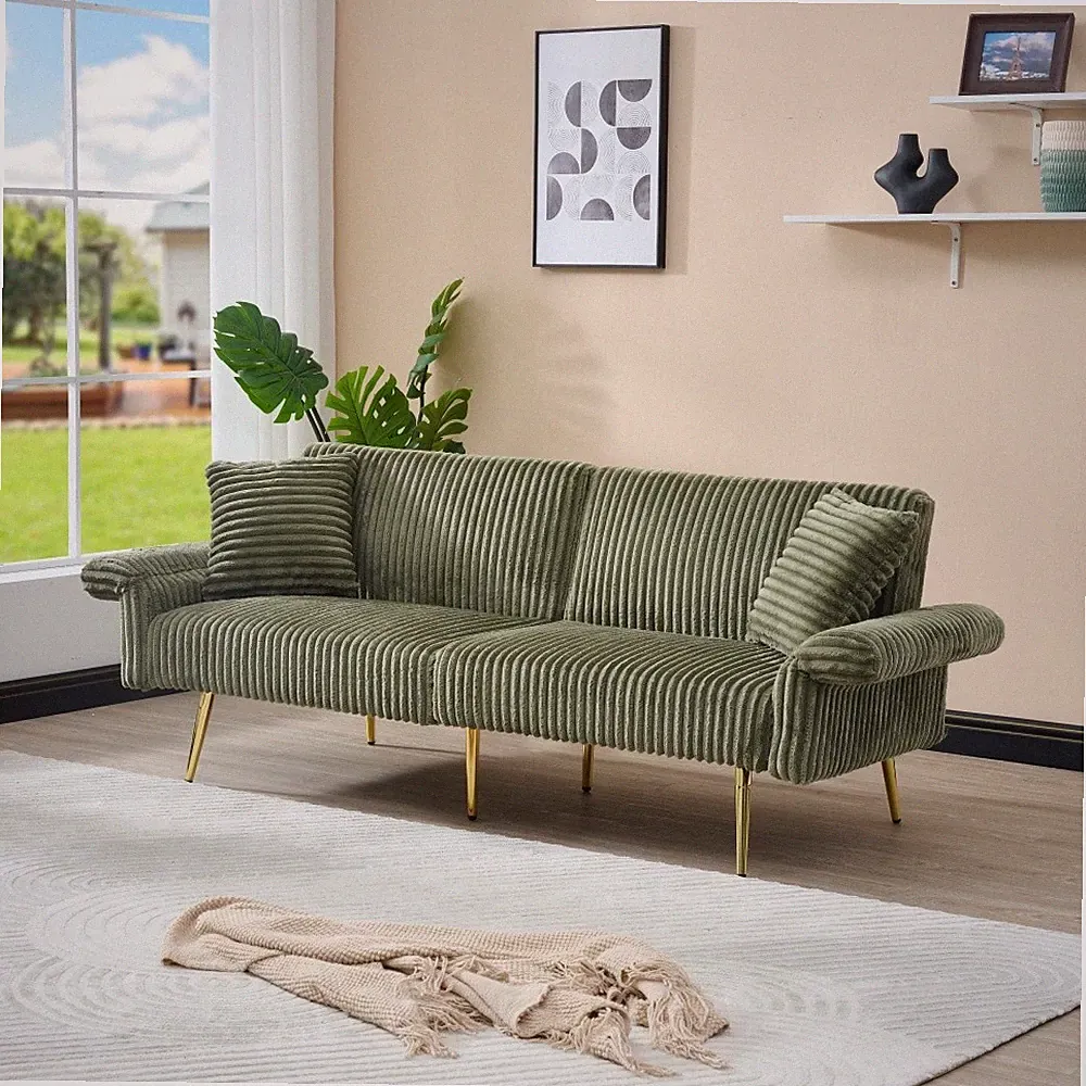 79"corduroy sofa bed, foldable double sofa bed with folding armrests Green