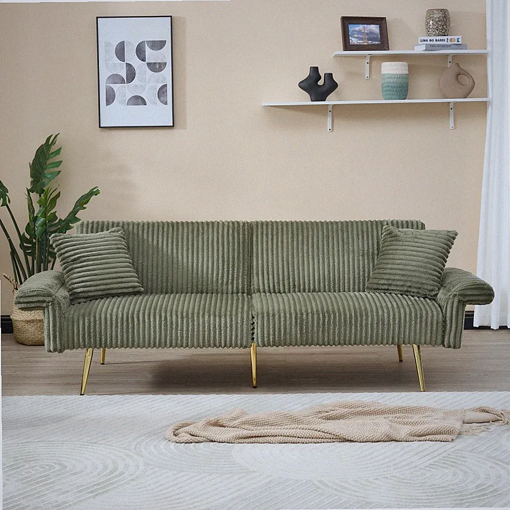 79" Corduroy Sofa Bed, Foldable Double with Folding Armrests