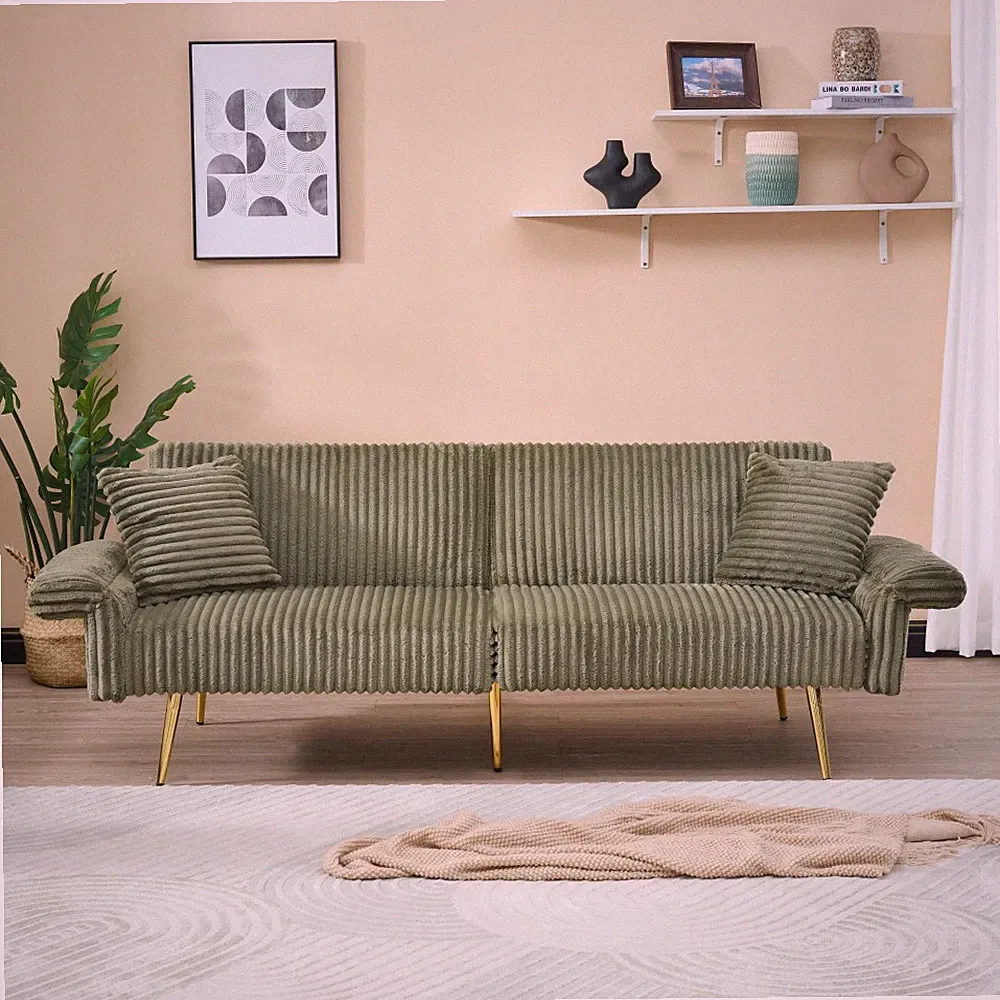 79" Corduroy Sofa Bed Sleeper Foldable Double W/ Adjustable Armrests Living Room