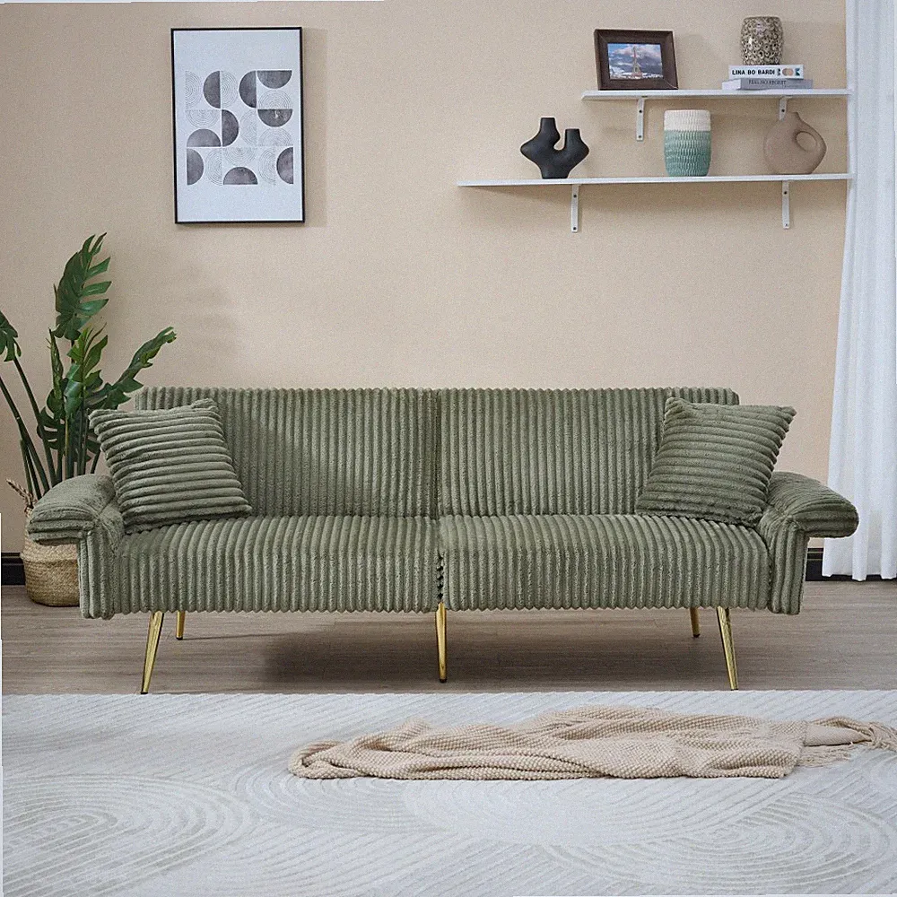 79" Corduroy Sofa Bed Sleeper Foldable Double W/ Adjustable Armrests Living Room
