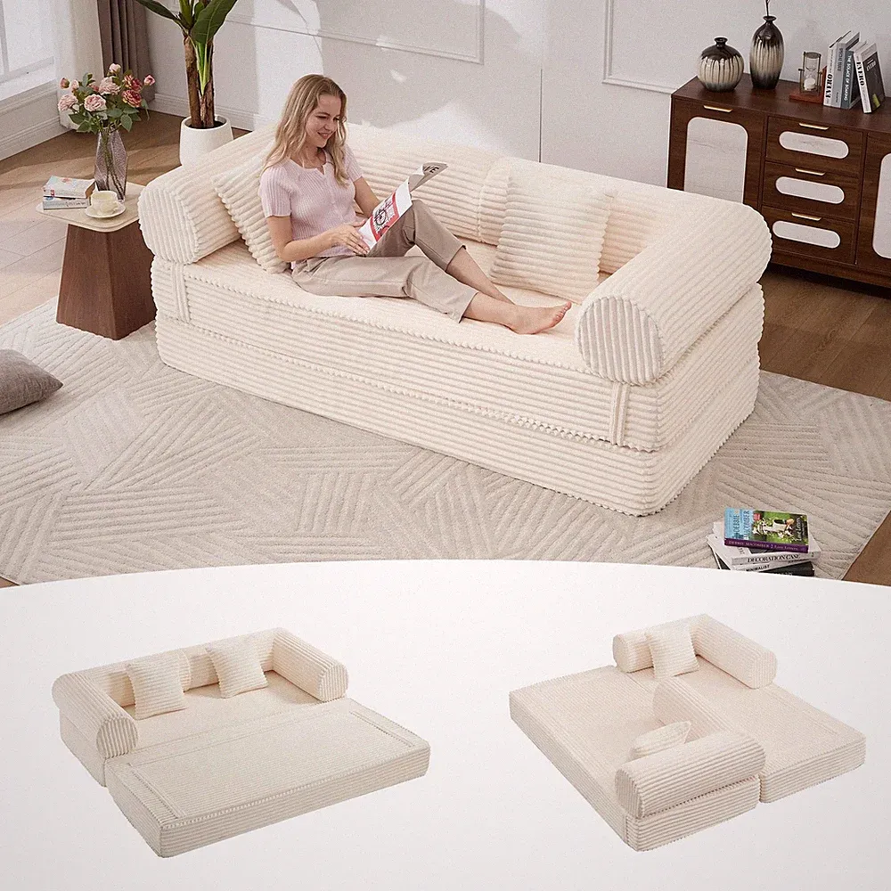 79" Folding Boneless Convertible Floor Couch Futon Sofa Bed Corduroy Beige