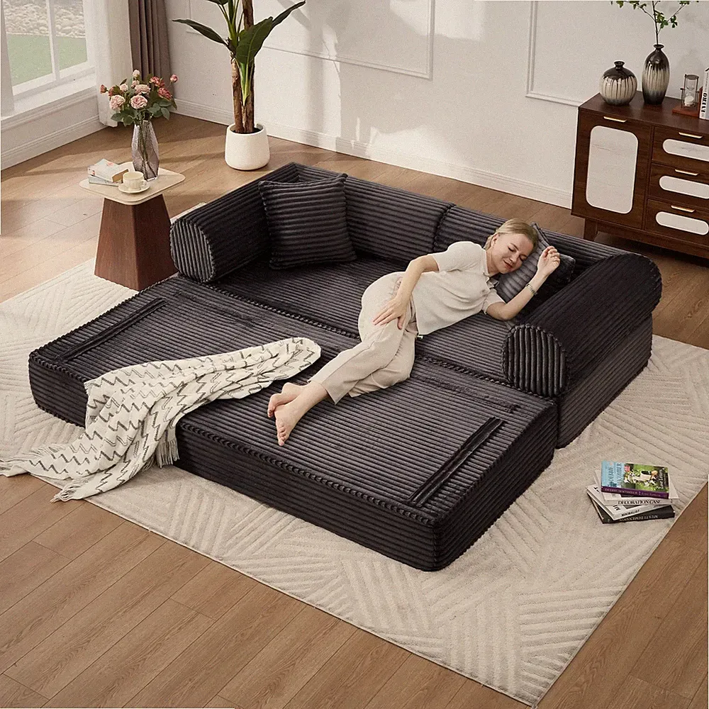 79" Folding Boneless Couch Convertible Corduroy Sofa Bed Sleeper Futon Black
