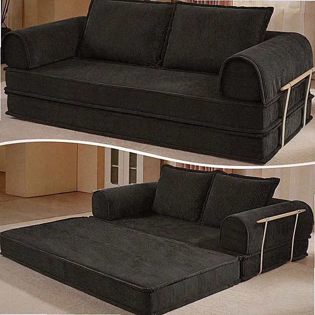 79" Futon Sofa Bed 5-in-1 Convertible Pull Out Folding Sleeper Corduroy Black