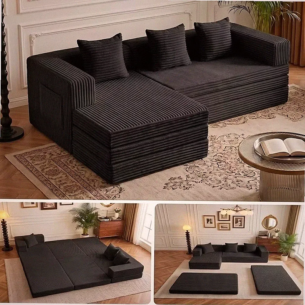 79" L-Shape Black Cloud Sectional Couch, Boneless Deep Seat Modular Sofa, No