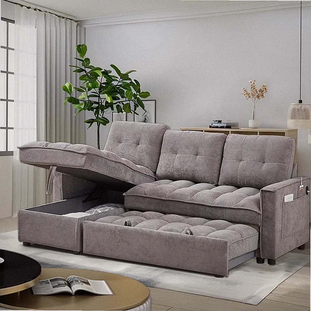 79" L-Shape Pull Out Sleeper Sectional Sofa with USB Charging & Storage Chaise