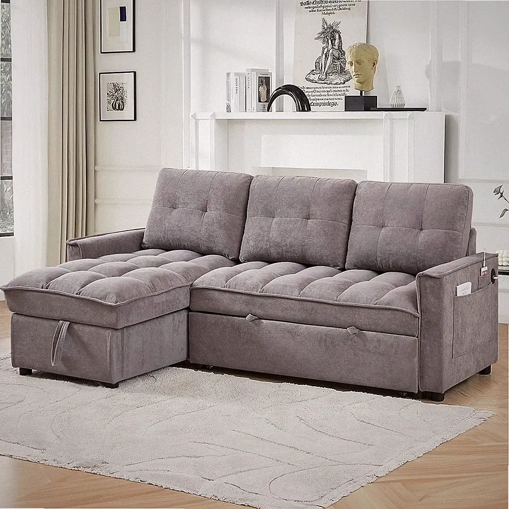 79" L-Shape Pull Out Sleeper Sectional with Storage Chaise & Side Pocket