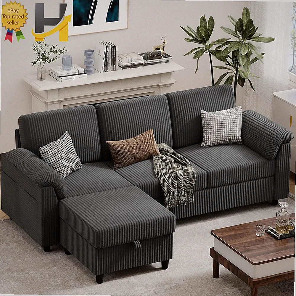 79" L-Shaped Convertible Sofa with Storage Ottoman for Small Spaces Grey NEW USA
