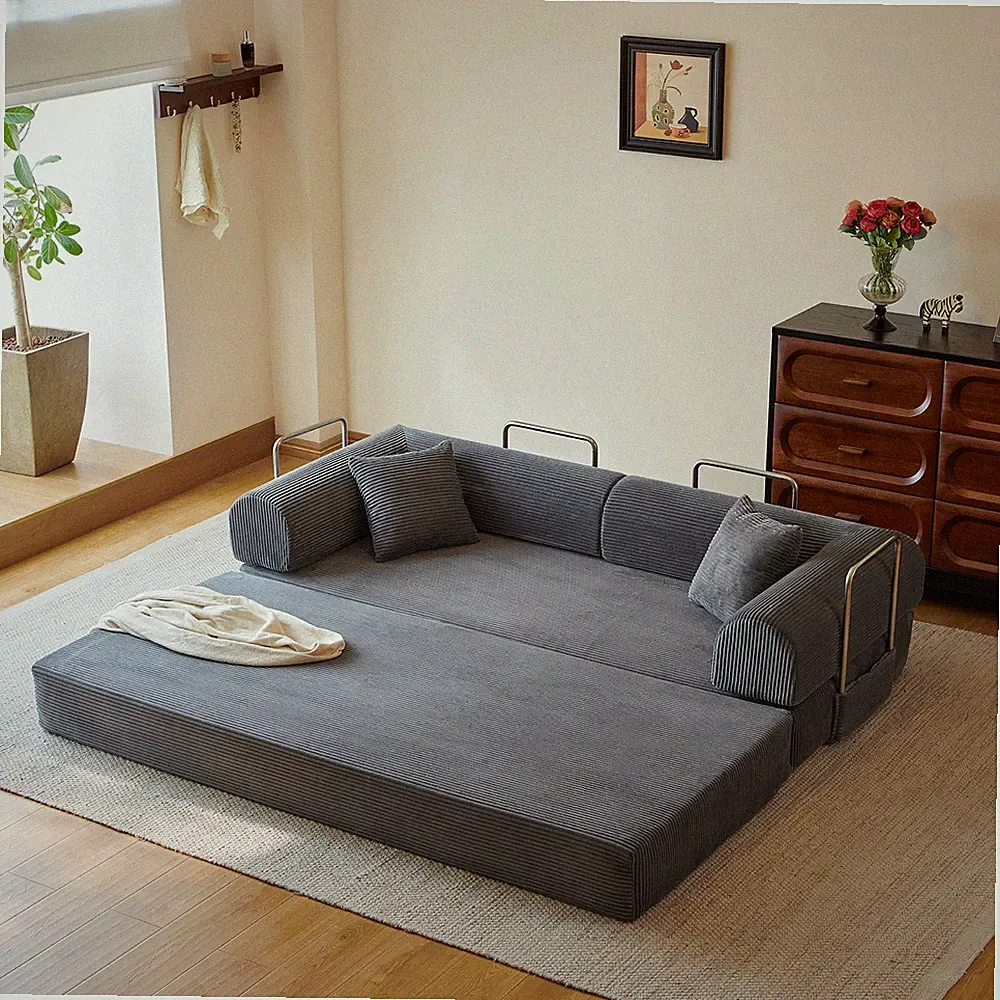 79" Minimal Boneless Corduroy Futon Sofa Bed Gray Floor Sleeper Sofa