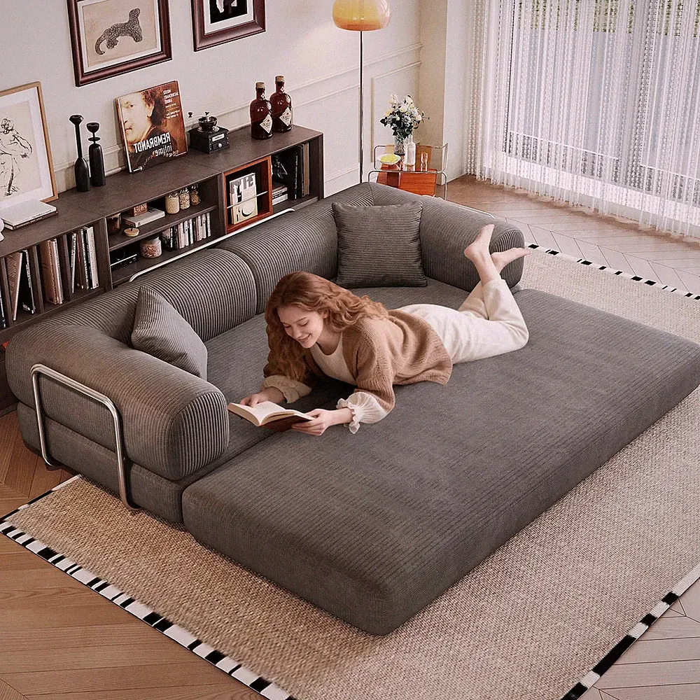 79" Minimalist Corduroy Futon Sofa Bed Gray Convertible Couch for Living Room
