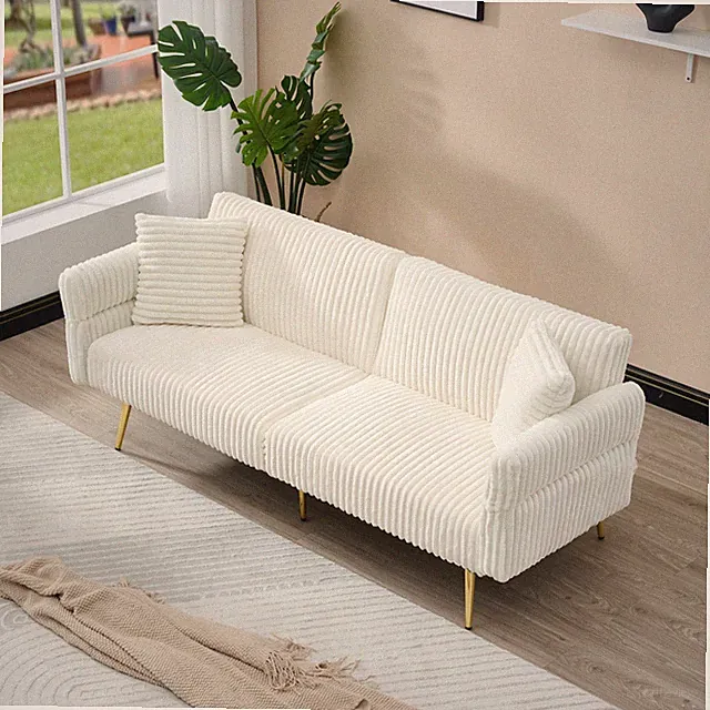 79" Modern Corduroy Futon Sofa Bed White Adjustable Backrest Foldable Folding