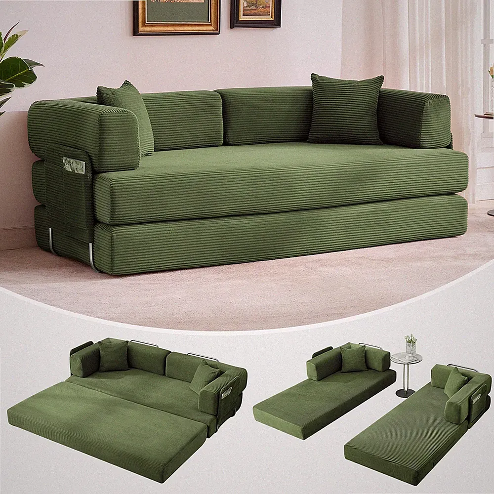 79" Oversized 5-in-1 Convertible Corduroy Sleeper Folding Sofa Bed W/Pillows US