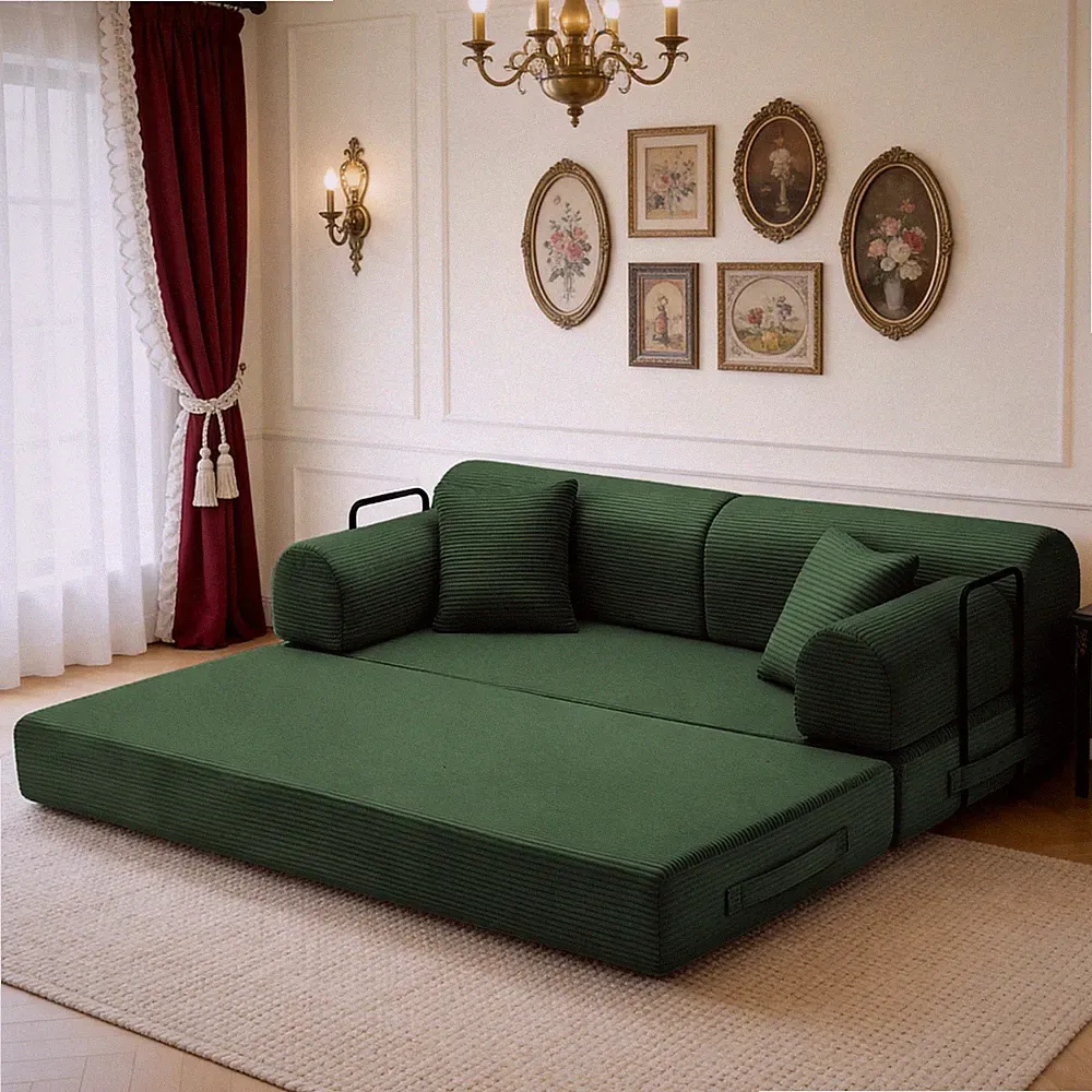 79" Retro Corduroy Futon Sofa Bed Green 4-in-1 Folding Convertible Couch