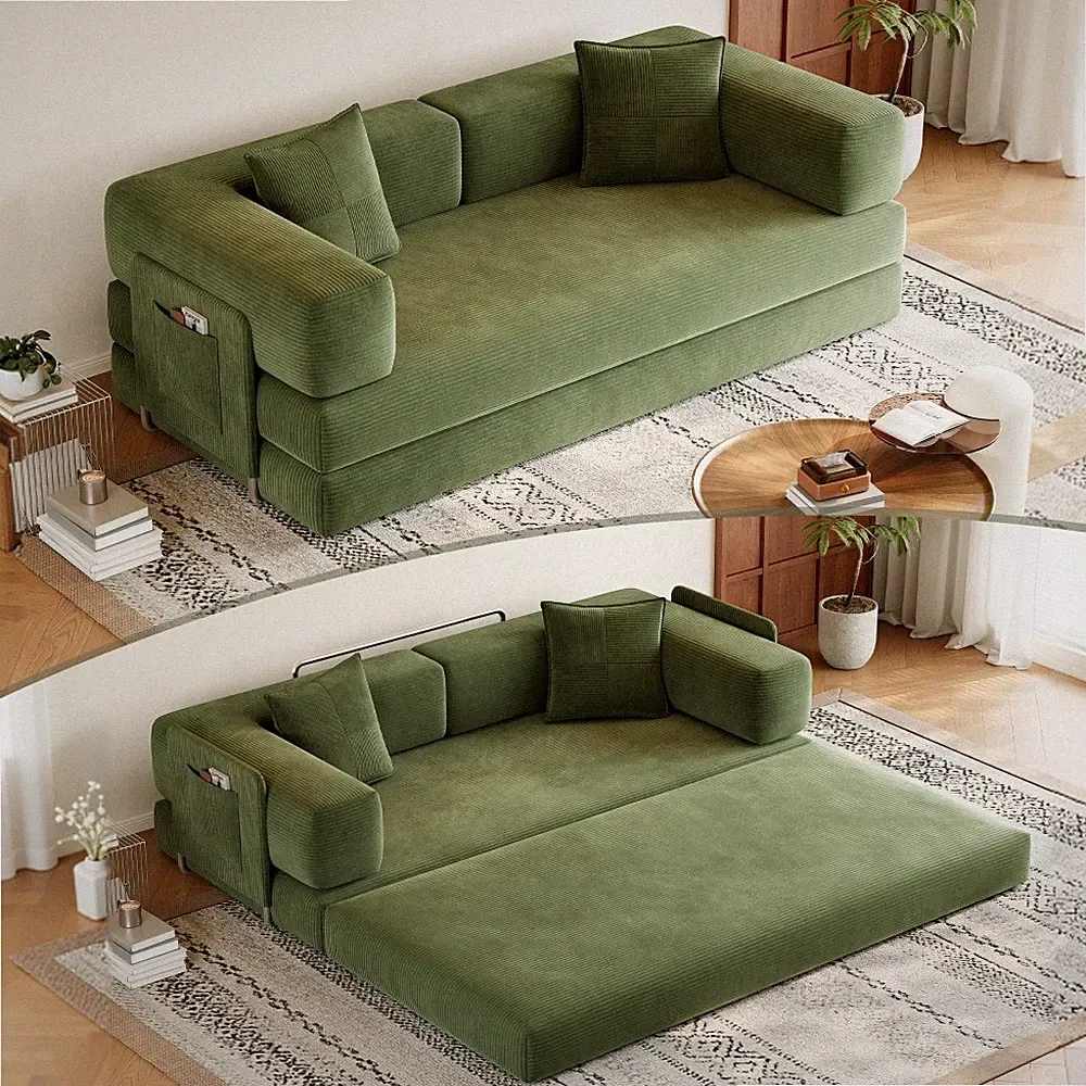 79" Teddy Couch Convertible Sleeper Sofa Bed 5-in-1 Chenille Floor Sofa Green