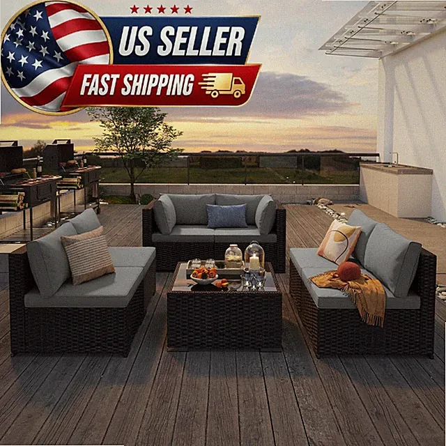 7PC Outdoor Patio Furniture Set PE Rattan Wicker Sofa Cushions Glass Table