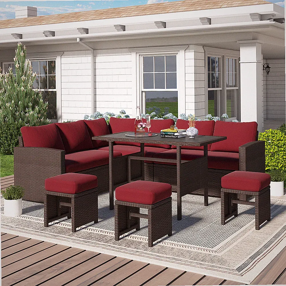 7pc Patio Furniture Set, Outdoor Dining Table&Chairs Wicker Conversation Ottoman