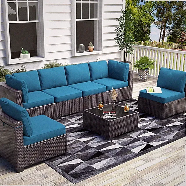7PC Patio Sectional Sofa Set U-Shaped PE Wicker w/Table Seat Cushions