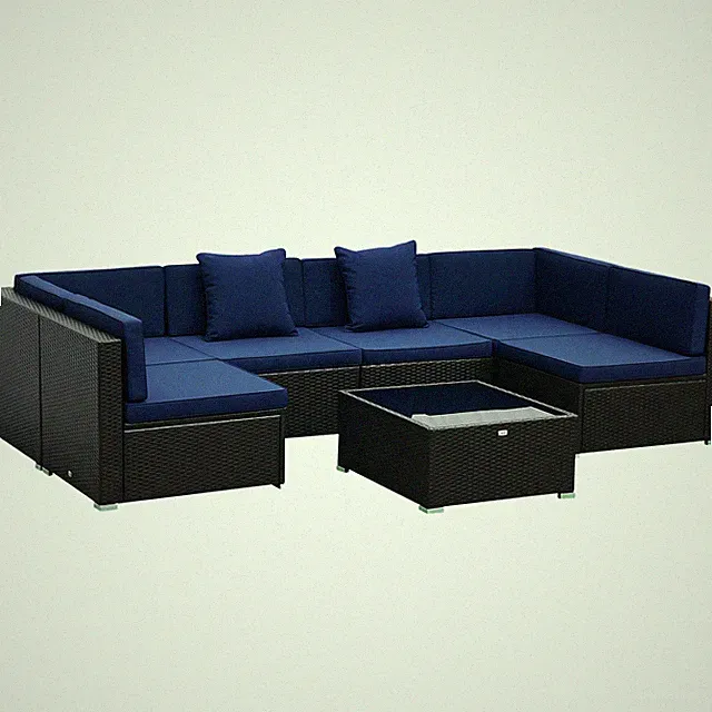 7pc Sectional Rattan Couch with 29.5in Corners and 12.75in Seat Height