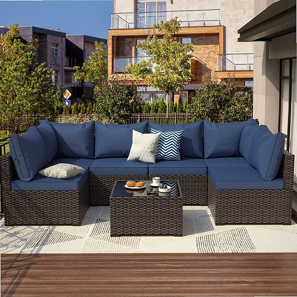 7PCS Outdoor Patio Furniture Sectional Sofa Set PE Rattan Wicker Couch Cushioned