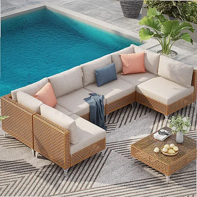 7PCS Outdoor Wicker Patio Furniture Set Sectional Sofa w/Cushions & Coffee Table