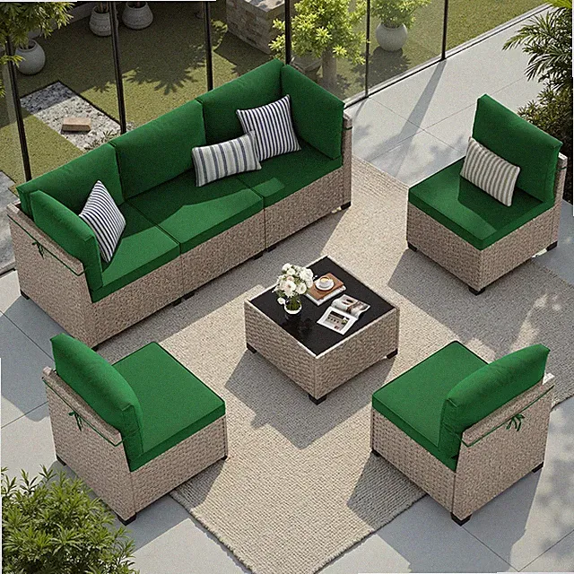 7pcs Patio Furniture Set Outdoor Rattan Sectional Sofa with Tempered Glass Table