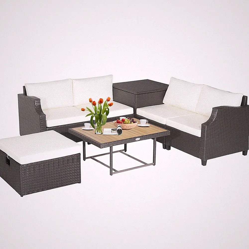 7pcs Patio Outdoor PE Wicker Cushioned Furniture Conversation Set Sectional Sofa