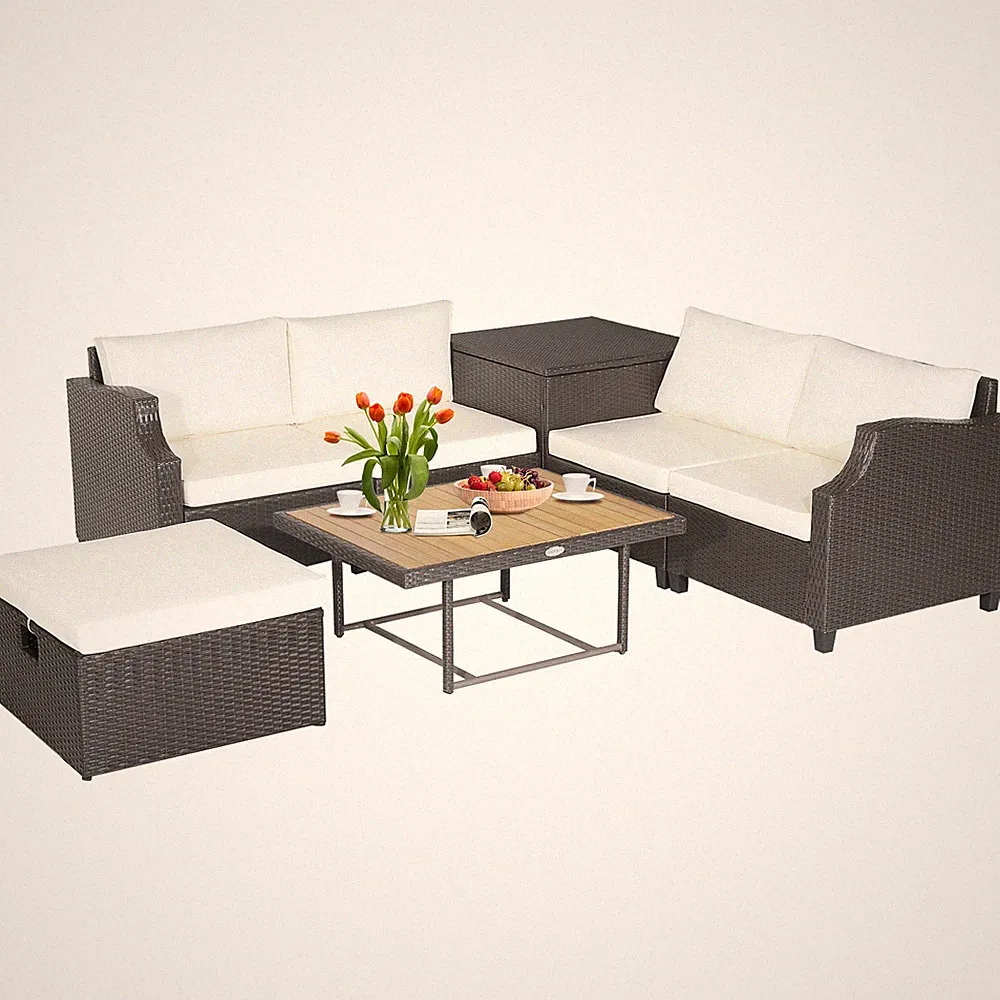 7pcs Patio Outdoor PE Wicker Cushioned Furniture Conversation Set Sectional Sofa
