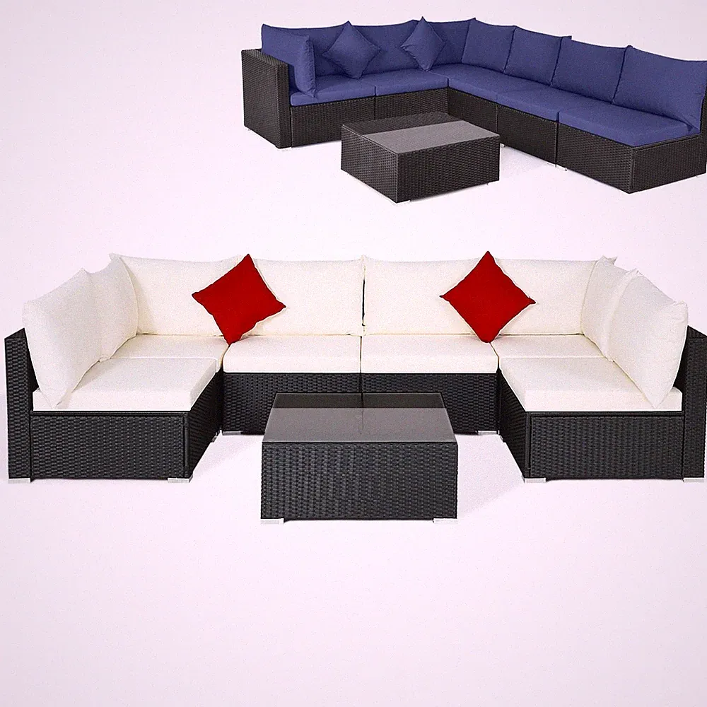 7PCS Patio Rattan Furniture Set Sectional Sofas Off White & Navy Cushion Covers