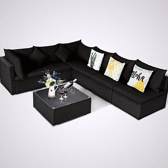 7PCS Patio Rattan Sofa Set Sectional Conversation Furniture Set Garden Black