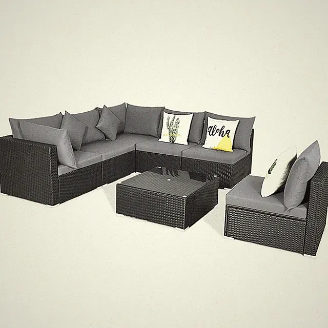 7PCS Patio Rattan Sofa Set Sectional Conversation Furniture Set Garden Outdoor