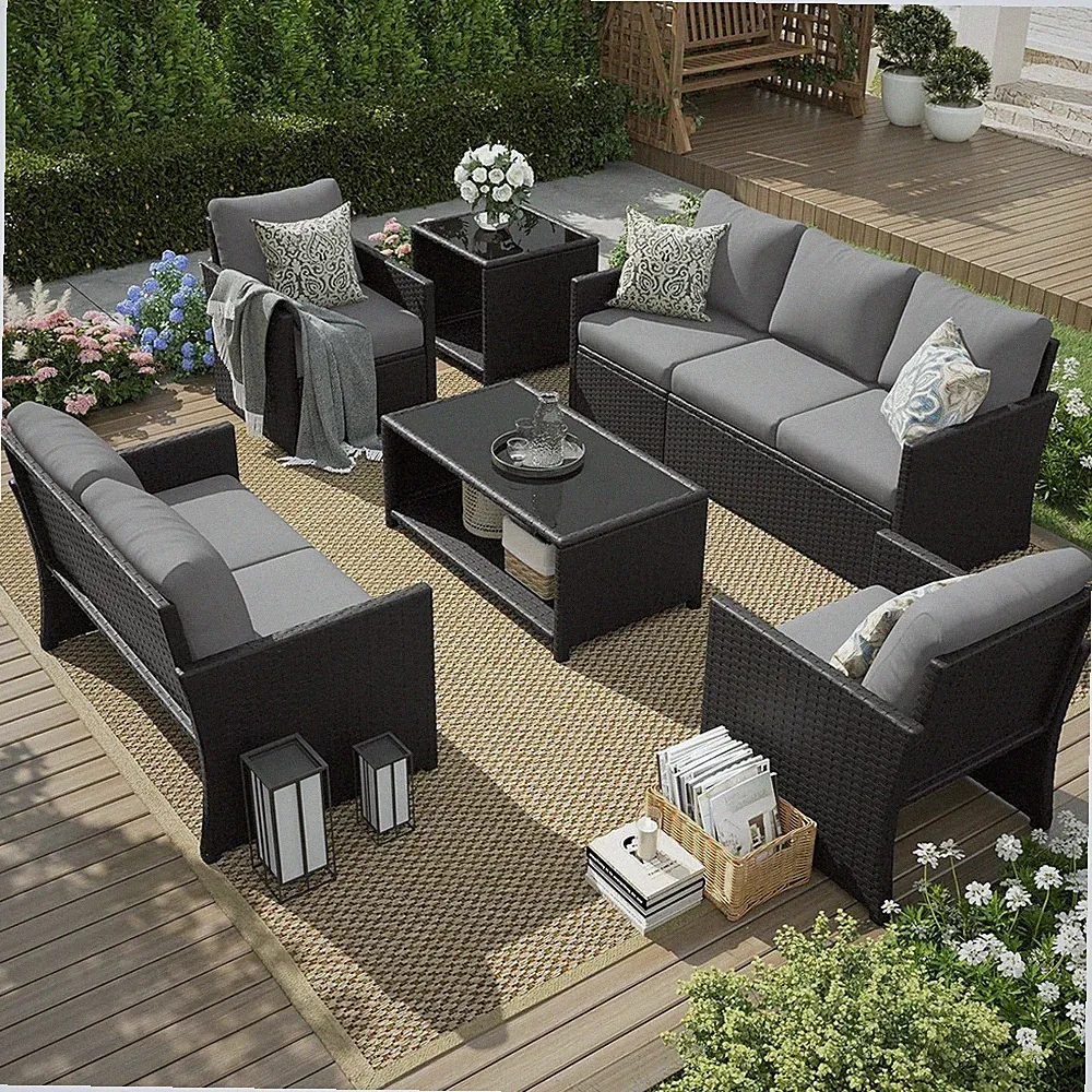 7PCS Patio Wicker Conversation Set with 2 Tables Outdoor Furniture for Garden