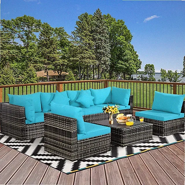 7PCS PE Rattan Patio Sectional Sofa Conversation Set w/ Turquoise Cushions