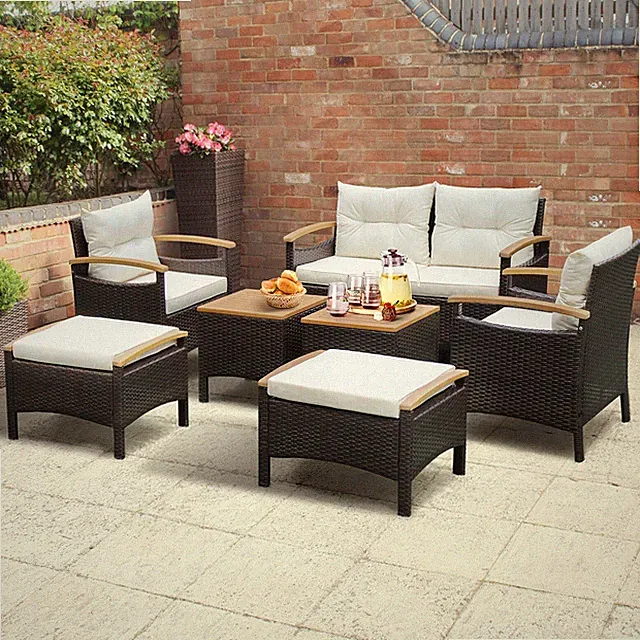 7PCS Rattan Patio Conversation Furniture Set Cushioned Outdoor Wicker Sofa Set