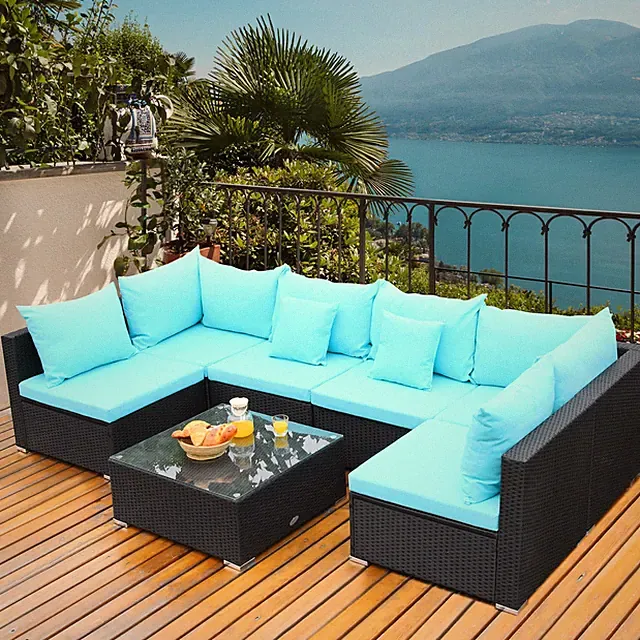 7PCS Rattan Patio Conversation Set Sectional Furniture Set w/ Blue Cushion