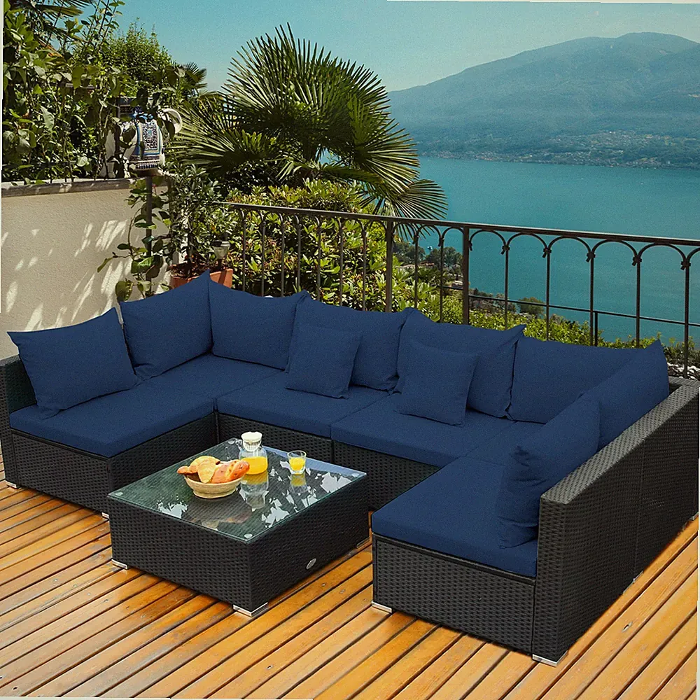 7PCS Rattan Patio Conversation Set Sectional Furniture Set w/ Navy Cushion