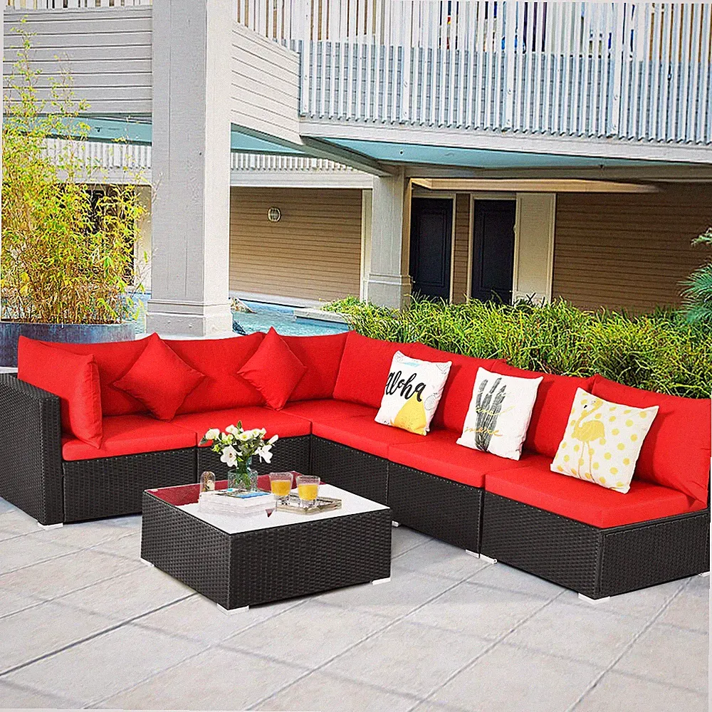 7PCS Rattan Patio Conversation Set Sectional Furniture Set w/ Red Cushion
