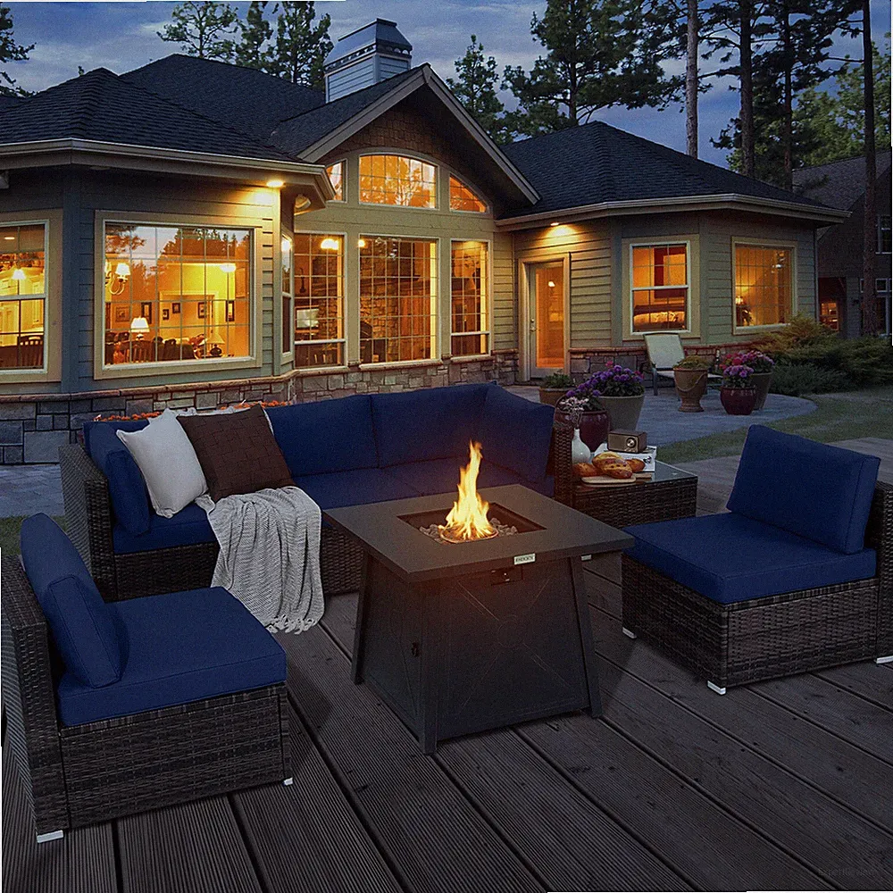 7PCS Rattan Patio Sectional Furniture Set w/ 30" Fire Pit Table & Navy Cushion