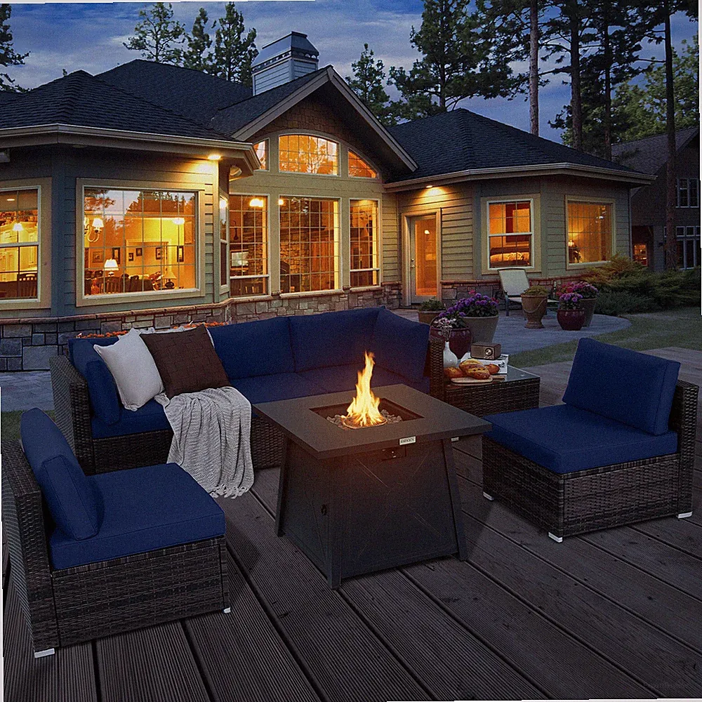 7PCS Rattan Patio Sectional Furniture Set w/ 30" Fire Pit Table & Navy Cushion