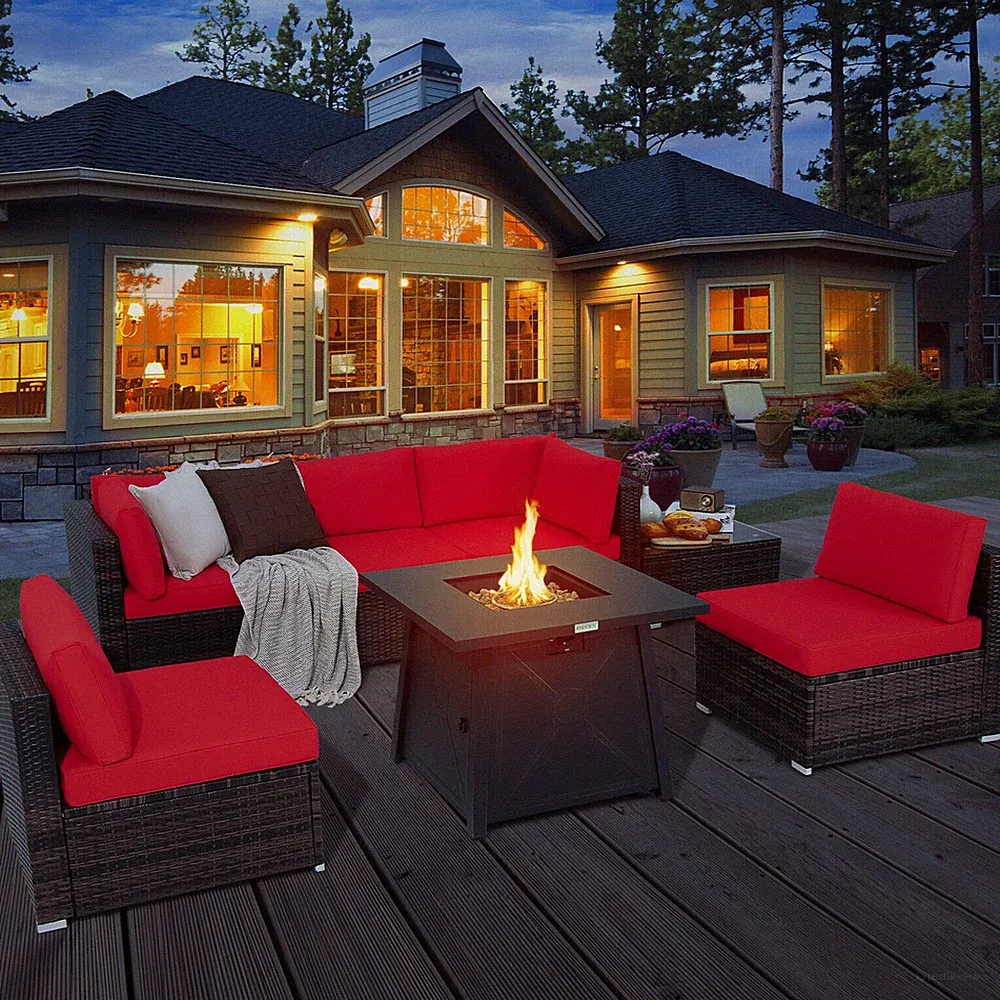 7PCS Rattan Patio Sectional Furniture Set w/ 30" Fire Pit Table & Red Cushion