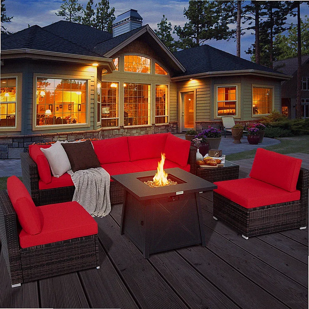 7PCS Rattan Patio Sectional Furniture Set w/ 30" Fire Pit Table & Red Cushion