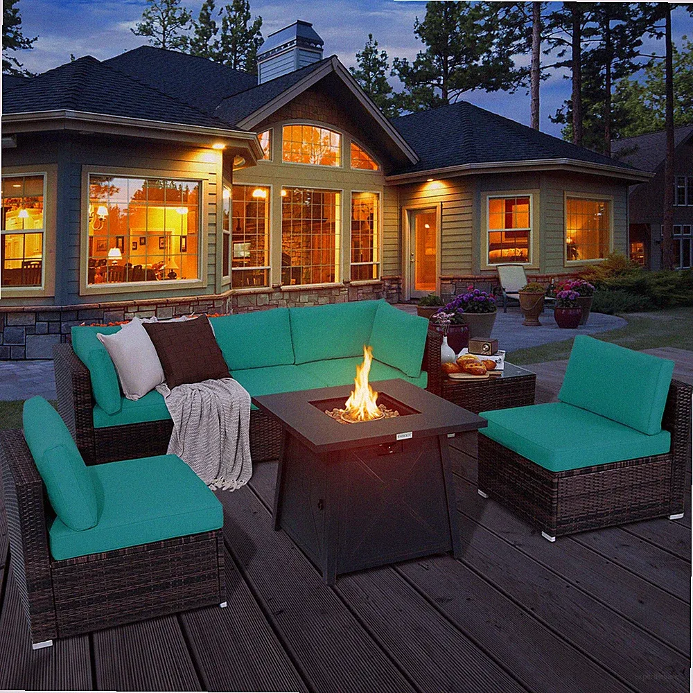 7PCS Rattan Patio Sectional Furniture Set w/30" Fire Pit Table Turquoise Cushion