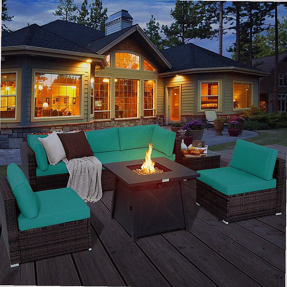 7PCS Rattan Patio Sectional Furniture Set w/30" Fire Pit Table Turquoise Cushion