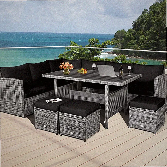 7PCS Rattan Patio Sectional Sofa Set Conversation Set w/ Black Cushions